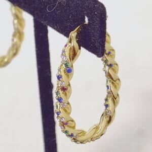 Sterling Silver 925 Multi Color Gemstone Inside Out Dangle Hoop Earrings Twisted